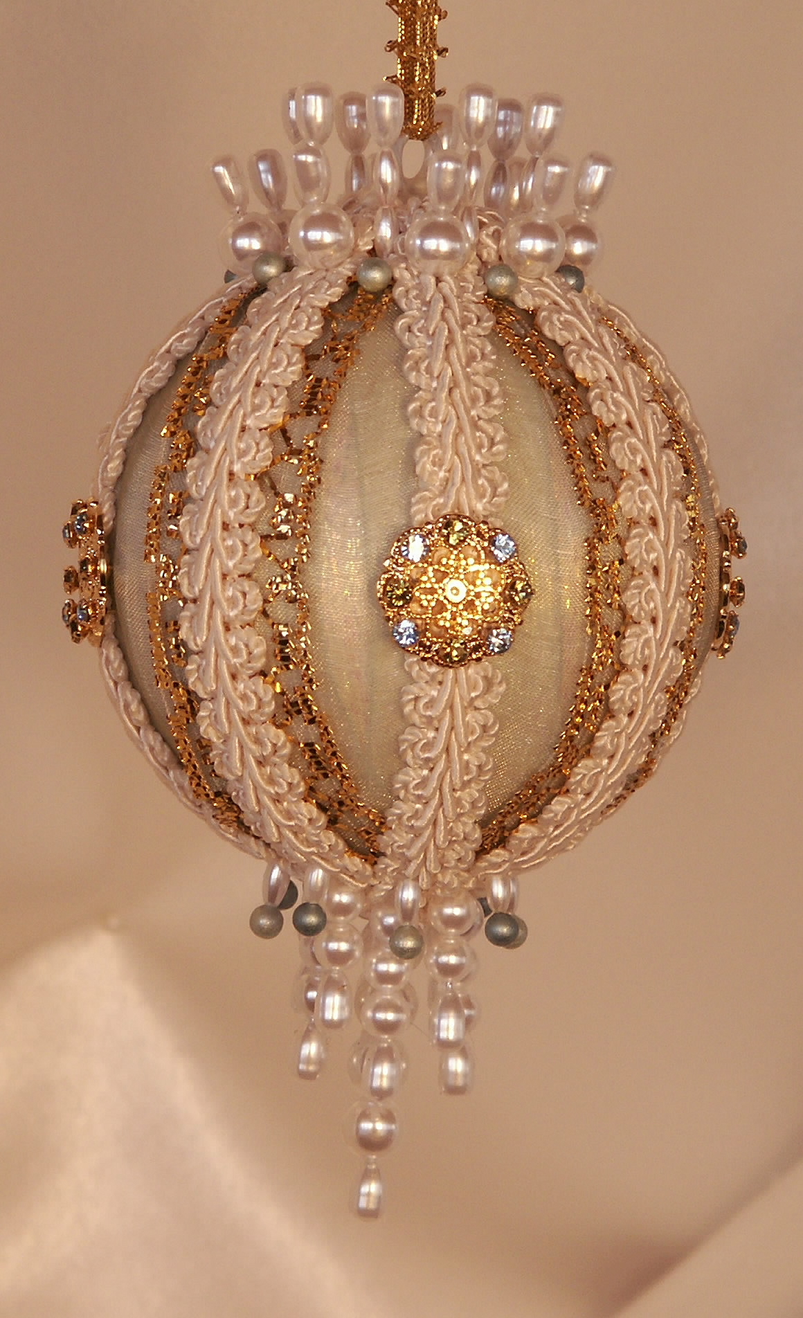 Victorian Christmas Ornament in shades of ivory, mint and gold, beautiful pearls and Swarovski crystals on this Victorian Ornament!